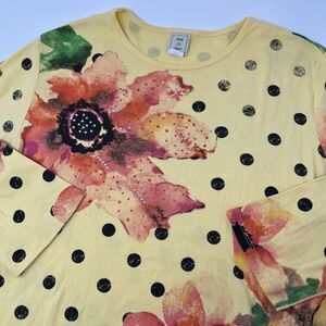 Jess & Jane Yellow Polka Dot Floret Top Size Large Floral 3/4 Sleeve Tee Sequins